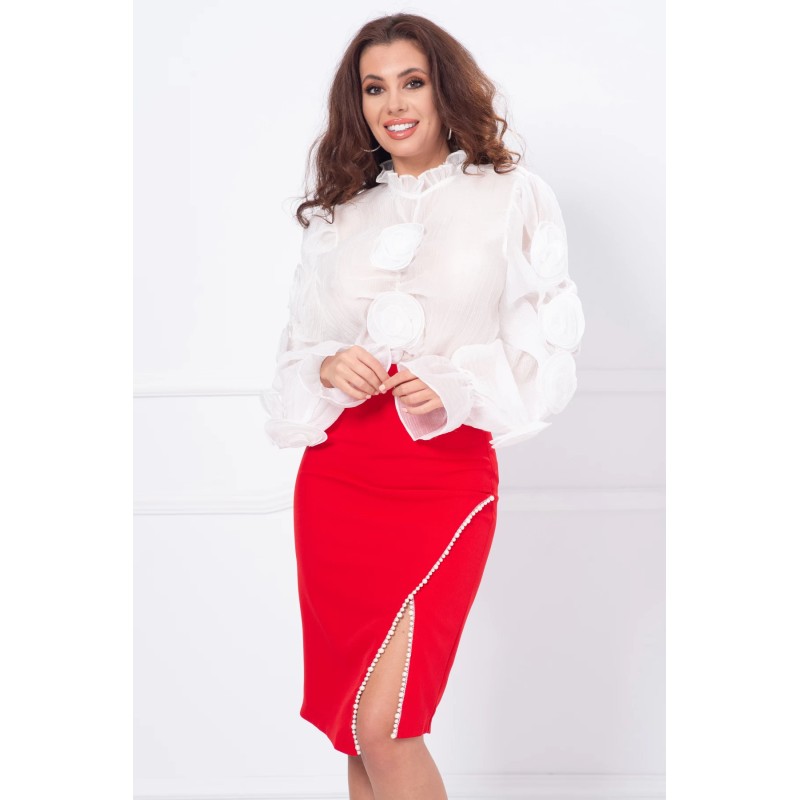 Camasa delicata alba din crep cu trandafiri 3D