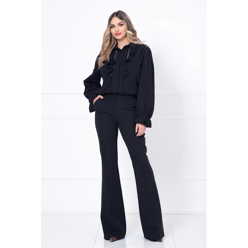 Camasa neagra din panza cu sabac si volane