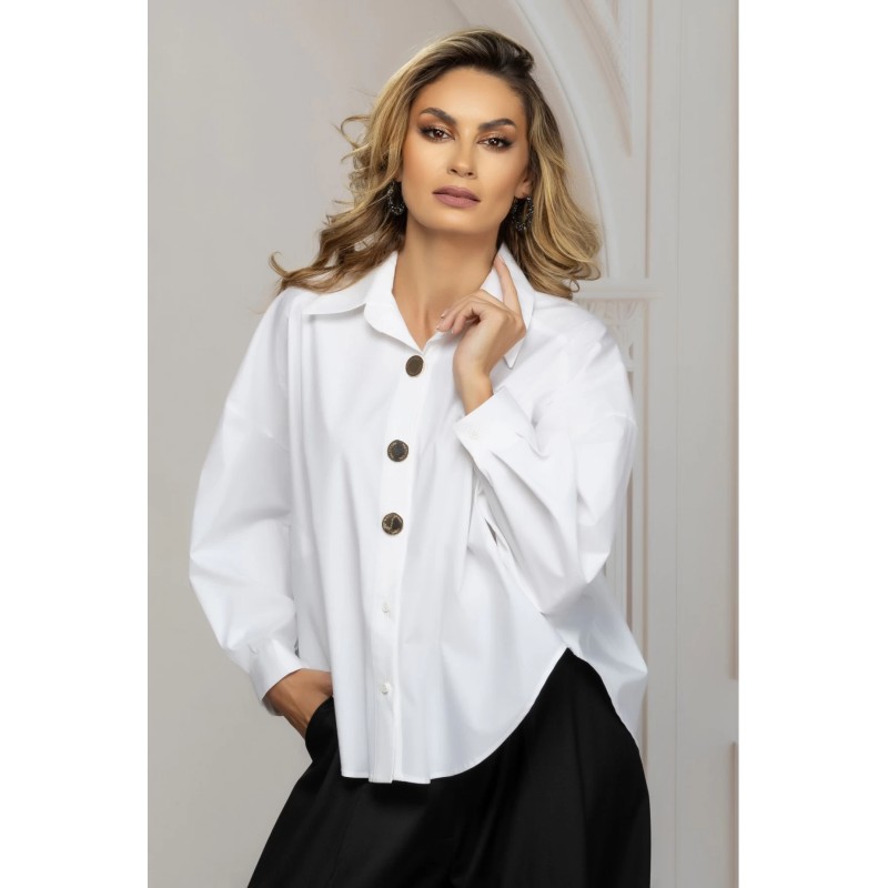 Camasa dama office alba oversize cu nasturi aurii