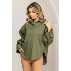 Camasa dama kaki oversize cu sirag din strassuri la mansete