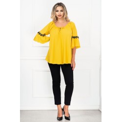 Compleu dama elegant mustar cu maneca clopot si flori 3D By InPuff