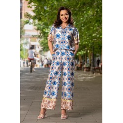 Compleu casual de vara cu pantalon evazat si camasa