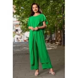 Compleu casual lejer verde cu bluza asimetrica si pantalon evazat