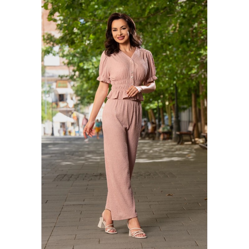 Compleu casual rose din crep cu bluza si pantalon
