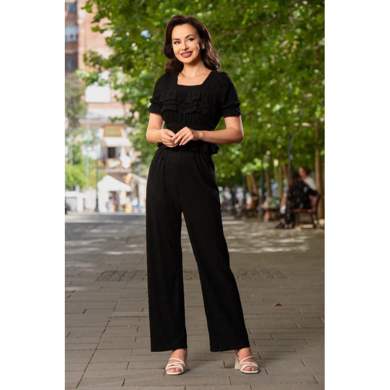 Compleu casual negru din crep cu bluza si pantalon