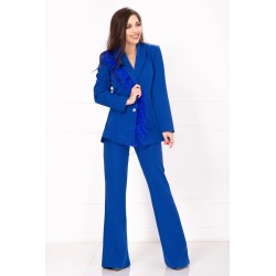 Compleu elegant albastru royal cu pantalon evazat si aplicatie din fulgi