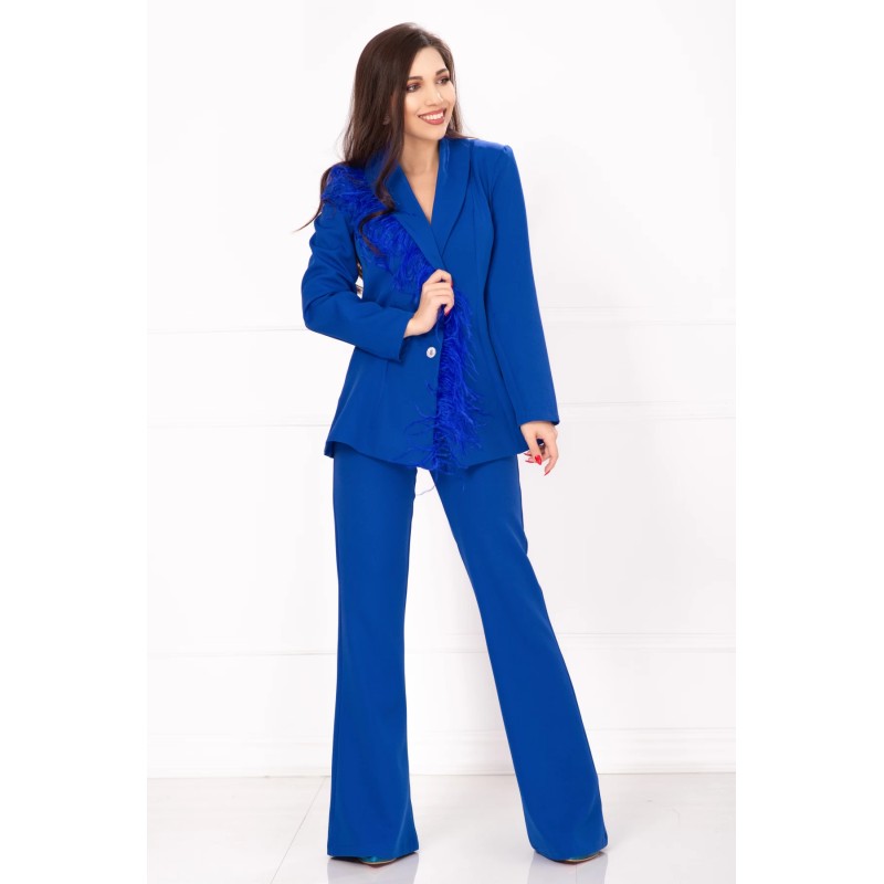 Compleu elegant albastru royal cu pantalon evazat si aplicatie din fulgi