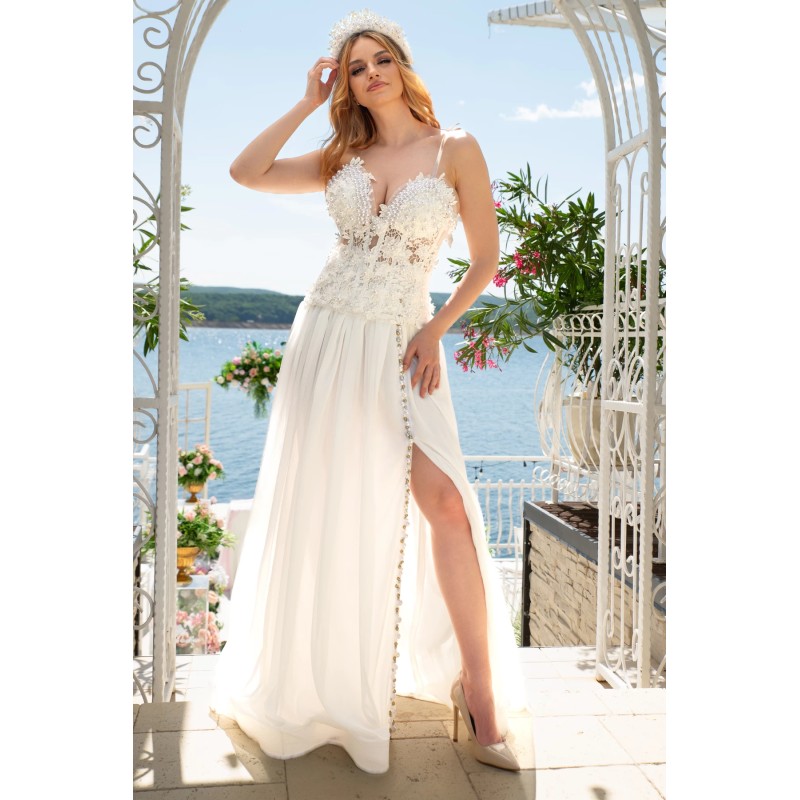 Corset alb Suflet de Inger cu perle albe si broderii fine