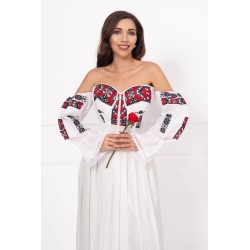 Corset traditional alb brodat cu model geometric inspirat din portul popular