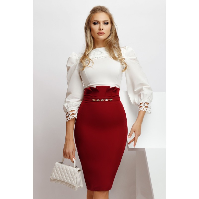 Fusta Fofy eleganta bordo cu accesoriu pretios si pliuri in talie