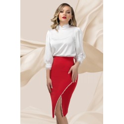 Fusta rosie eleganta Pretty Girl asimetrica cu banda de perle