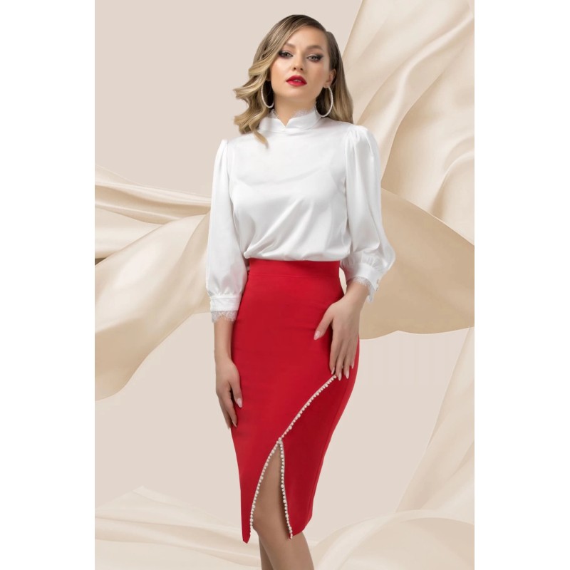 Fusta rosie eleganta Pretty Girl asimetrica cu banda de perle