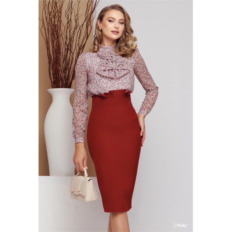 Fusta eleganta office bordo conica cu pliuri in talie