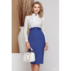 Fusta eleganta office albastra conica cu pliuri in talie