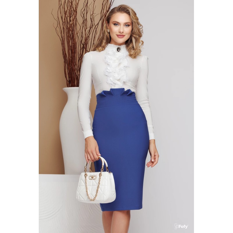 Fusta eleganta office albastra conica cu pliuri in talie