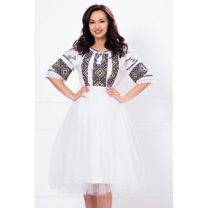 Fusta midi din tulle alb