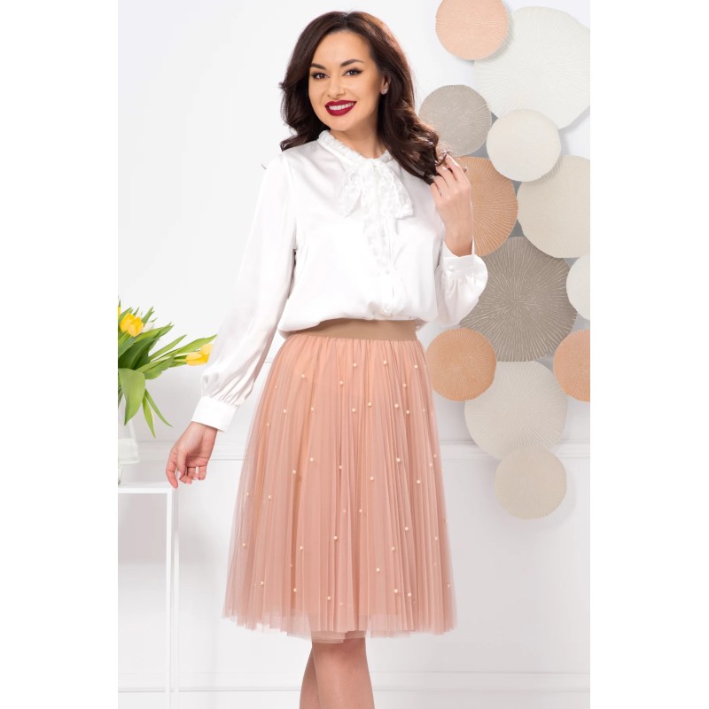 Fusta scurta din tulle bej cu perle