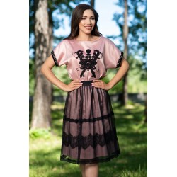 Fusta in clos din tulle negru cu dublura rose