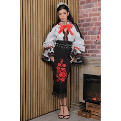 Fusta traditionala midi conica cu broderie rosie