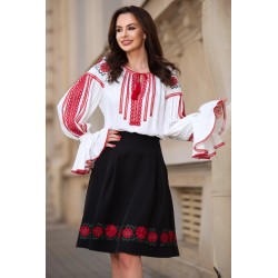 Fusta dama neagra in clos cu flori rosii brodate