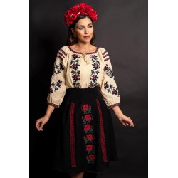 Fusta dama neagra in clos cu maci rosii brodati