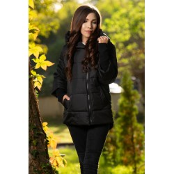 Geaca neagra matlasata Anca cu mansete din tricot si gluga