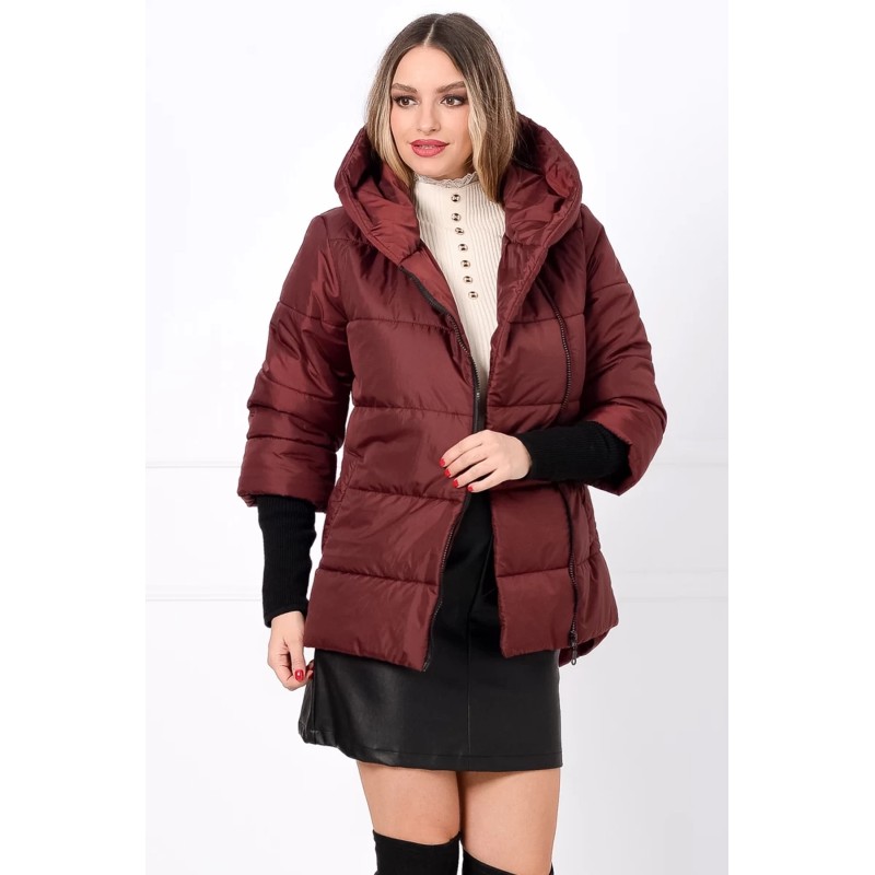 Geaca dama grena matlasata Anca cu mansete din tricot si gluga