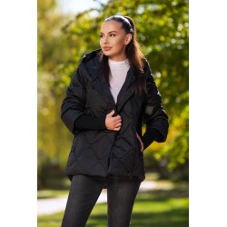 Geaca neagra matlasata Medeea cu mansete din tricot si gluga