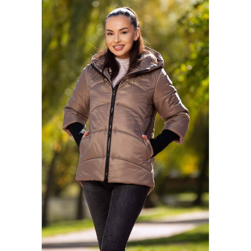 Geaca dama matlasata cappuccino Denisa cu mansete din tricot si gluga