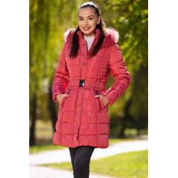 Geaca lunga matlasata culoarea roz cu gluga detasabila si blanita