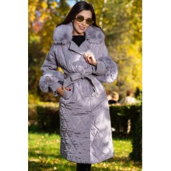 Geaca lunga gri eleganta Marianne cu guler si mansete din blana