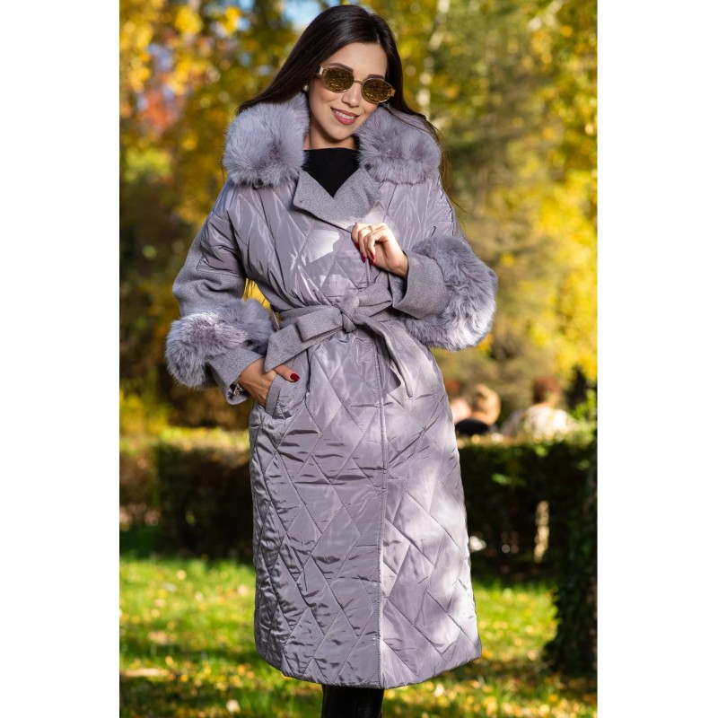 Geaca lunga gri eleganta Marianne cu guler si mansete din blana