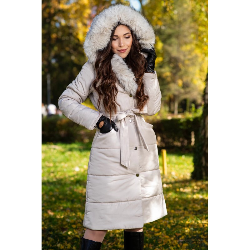 Geaca dama lunga crem Madeleine cu gluga si blanita