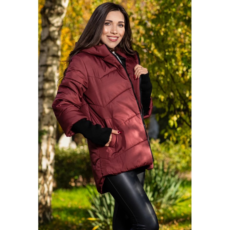 Geaca dama grena matlasata Denisa cu mansete din tricot si gluga