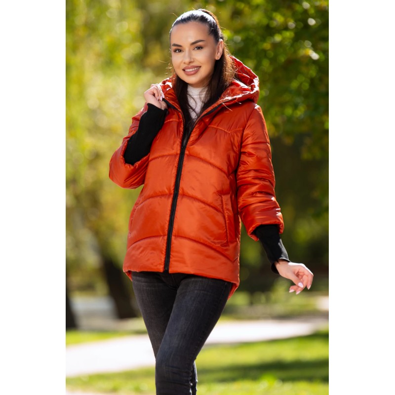 Geaca dama matlasata orange Denisa cu mansete din tricot si gluga