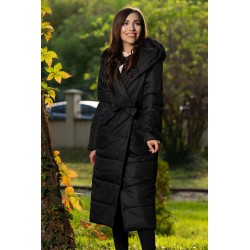 Geaca din fas lunga matlasata neagra cu gluga si cordon in talie