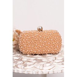 Geanta eleganta Elsa champagne decorata cu perle sidefate