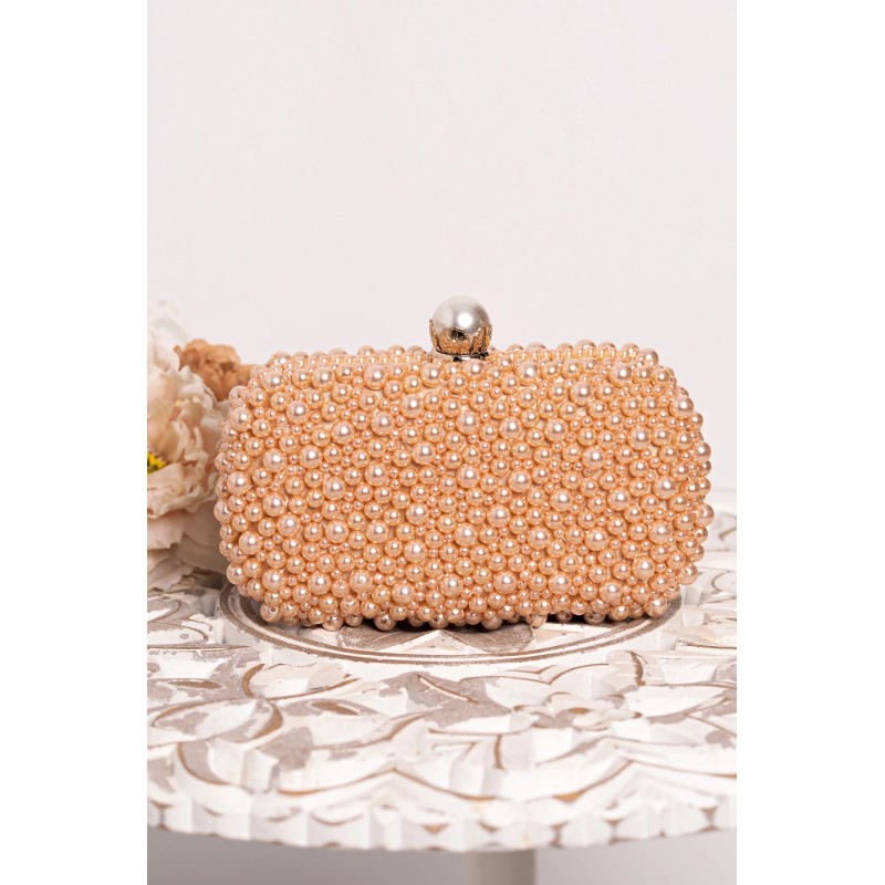 Geanta eleganta Elsa champagne decorata cu perle sidefate