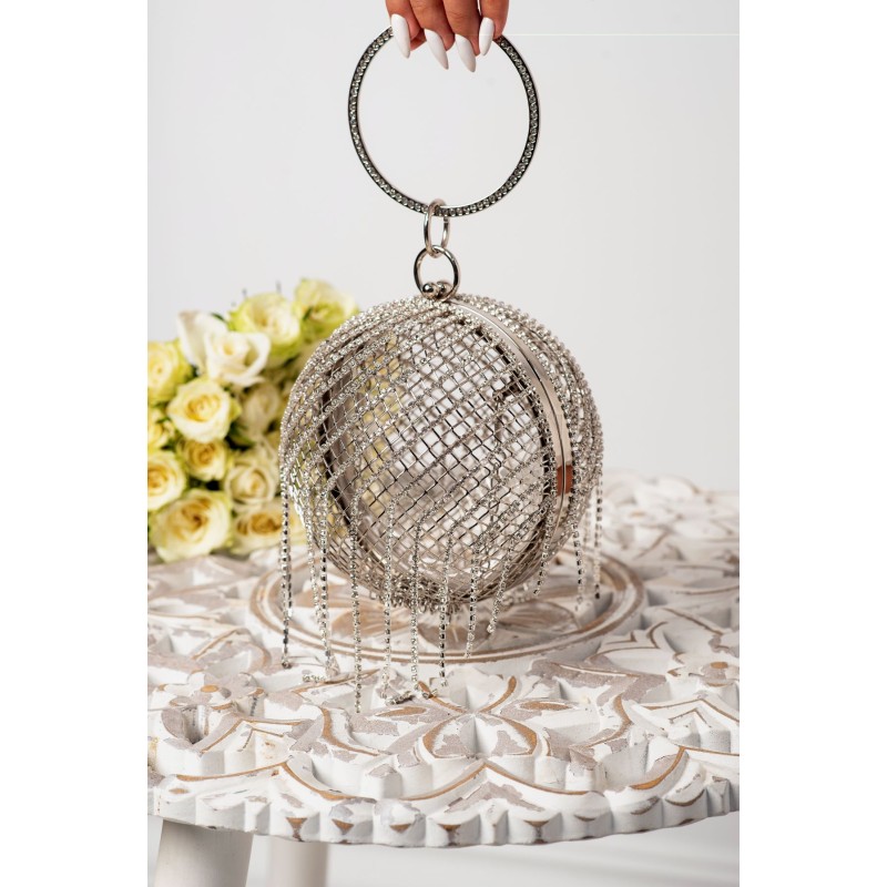 Clutch argintiu tip sfera cu franjuri din strassuri
