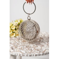 Clutch argintiu tip sfera cu franjuri din strassuri