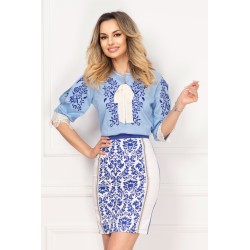 Bluza tip ie bleu traditionala cu dantela aplicata si broderie