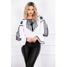 Bluza tip ie Effect alba cu motive traditionale negre si albastre