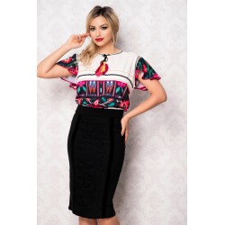 Bluza alba cu imprimeu traditionalciucuri si maneca tip volan