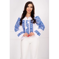 Ie dama Greta cu broderie in romburi albastru royal