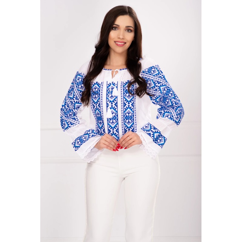 Ie dama Greta cu broderie in romburi albastru royal