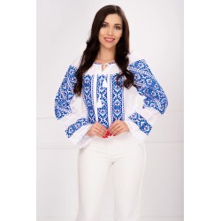 Ie dama Greta cu broderie in romburi albastru royal