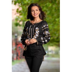 Ie traditionala neagra cu flori brodate si snur auriu