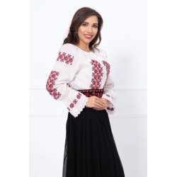 Ie traditionala alba din bumbac cu broderie rosu-negru