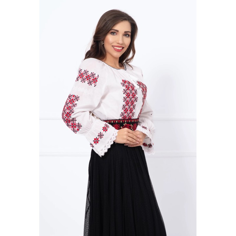 Ie traditionala alba din bumbac cu broderie rosu-negru