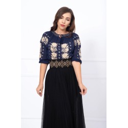 Ie traditionala din vascoza bleumarin cu broderie florala bej